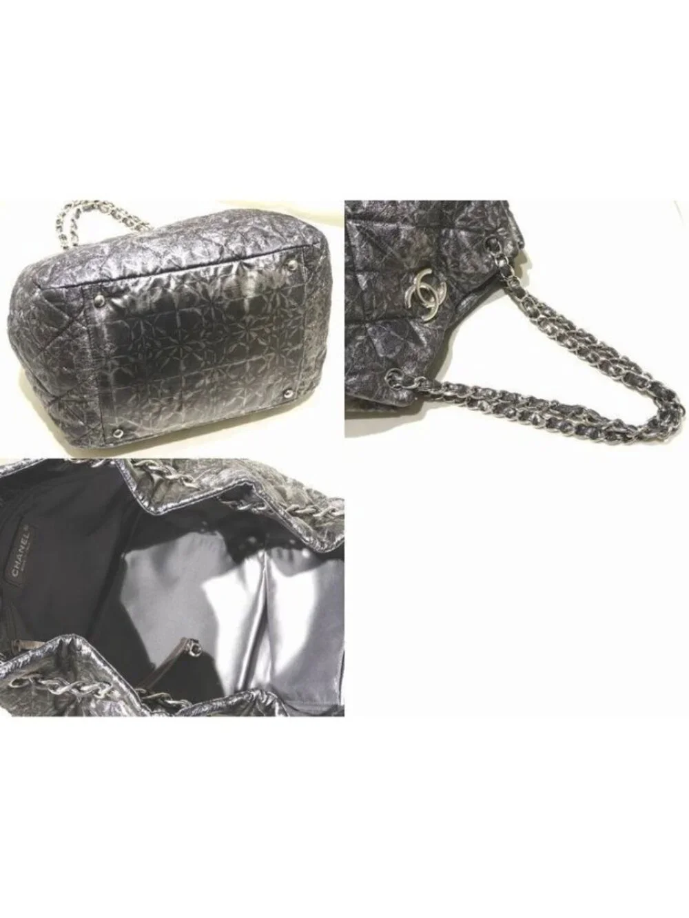Chanel Nylon Processed Chain Shoulder Bag Gray Silver CC Logo Quilted